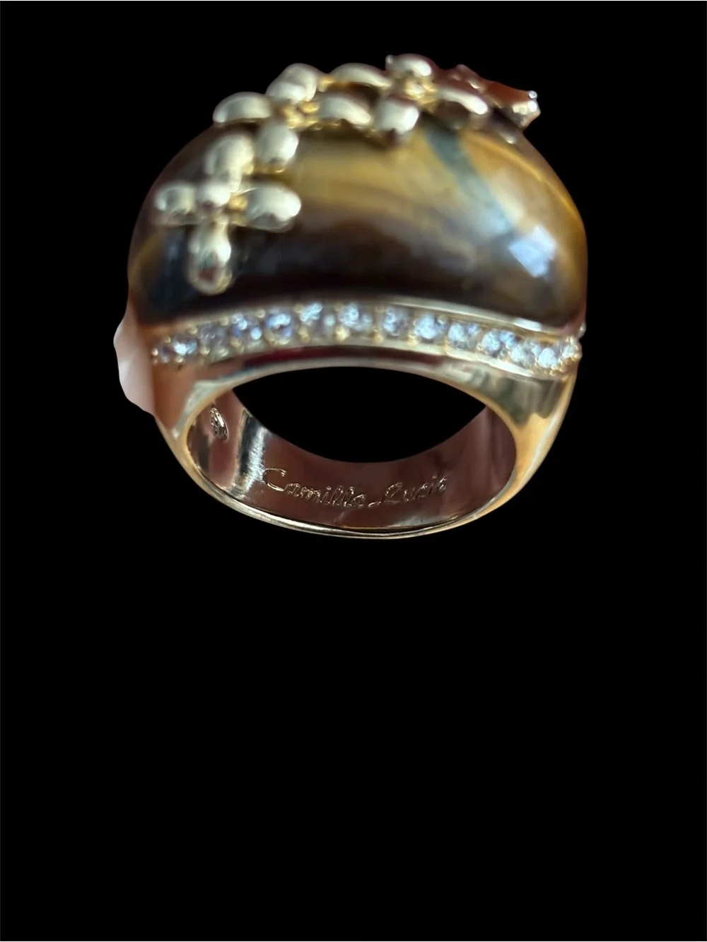 Camilla Lucia Gold-Tone Tiger's Eye Statement Ring with Crystal Accents